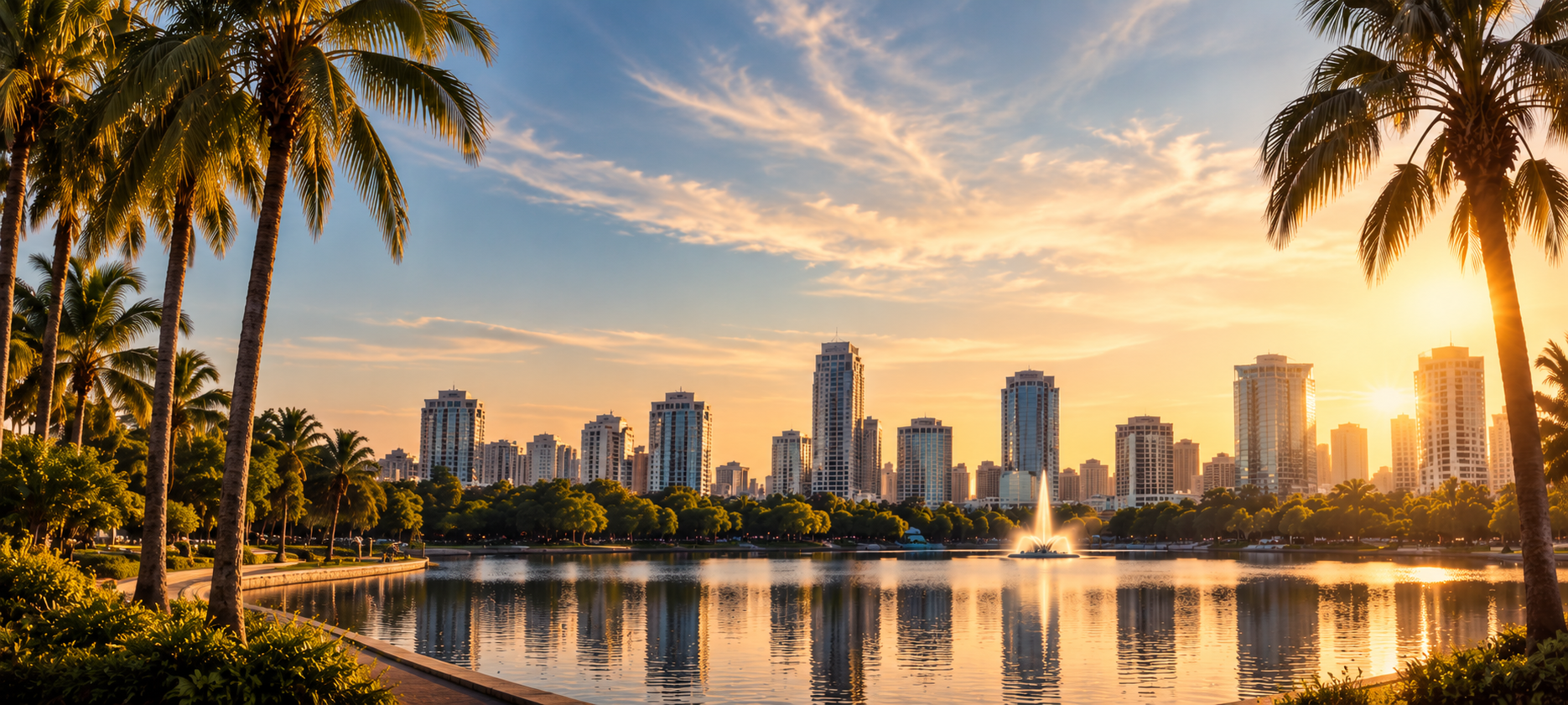 Orlando: lago, palmeiras e skyline ao pôr do sol