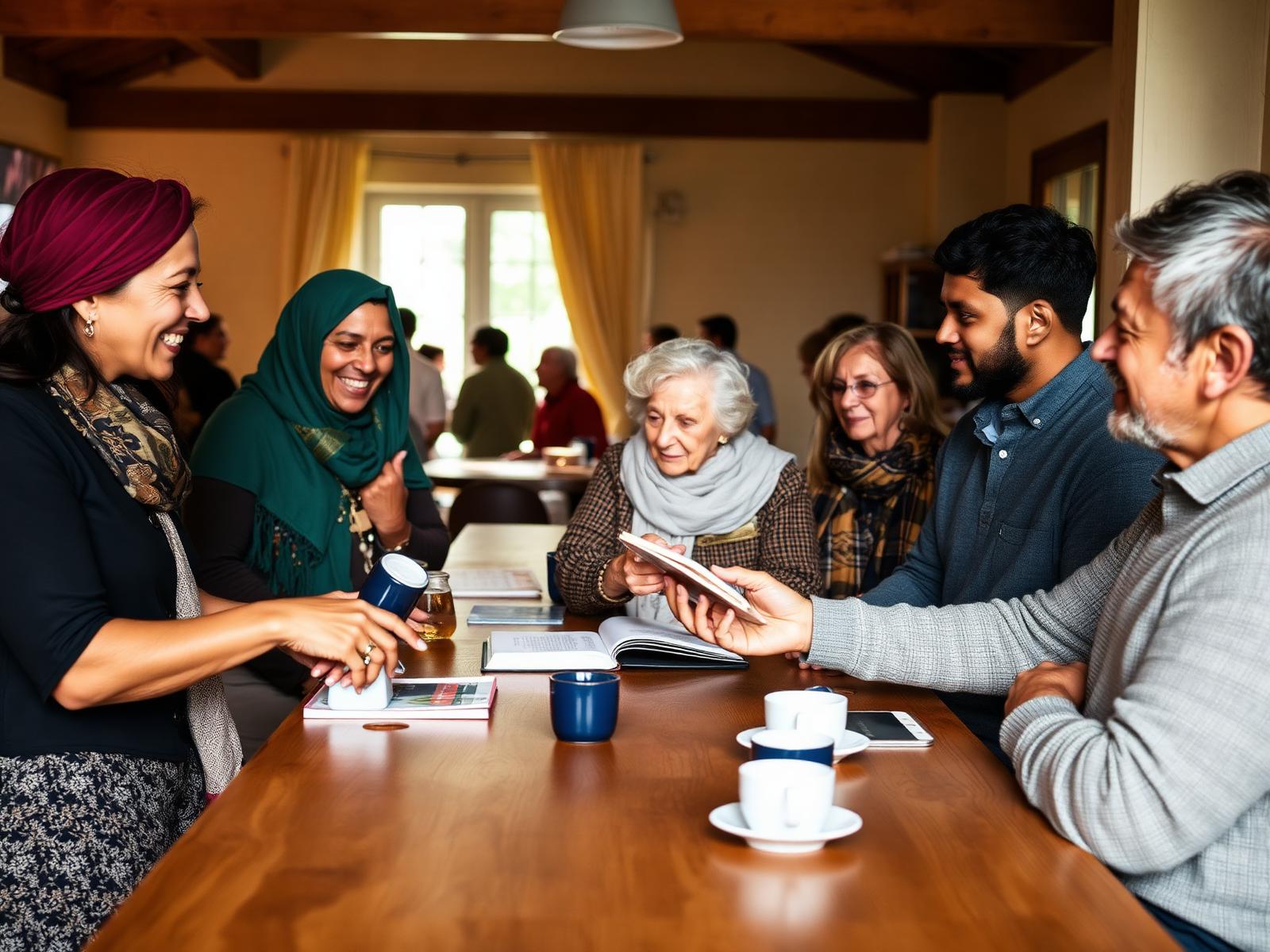 Pessoas de diferentes comunidades conversando ao redor de uma mesa com livros