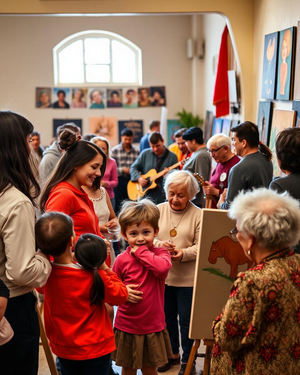 Famílias e artistas celebrando em ambiente interno