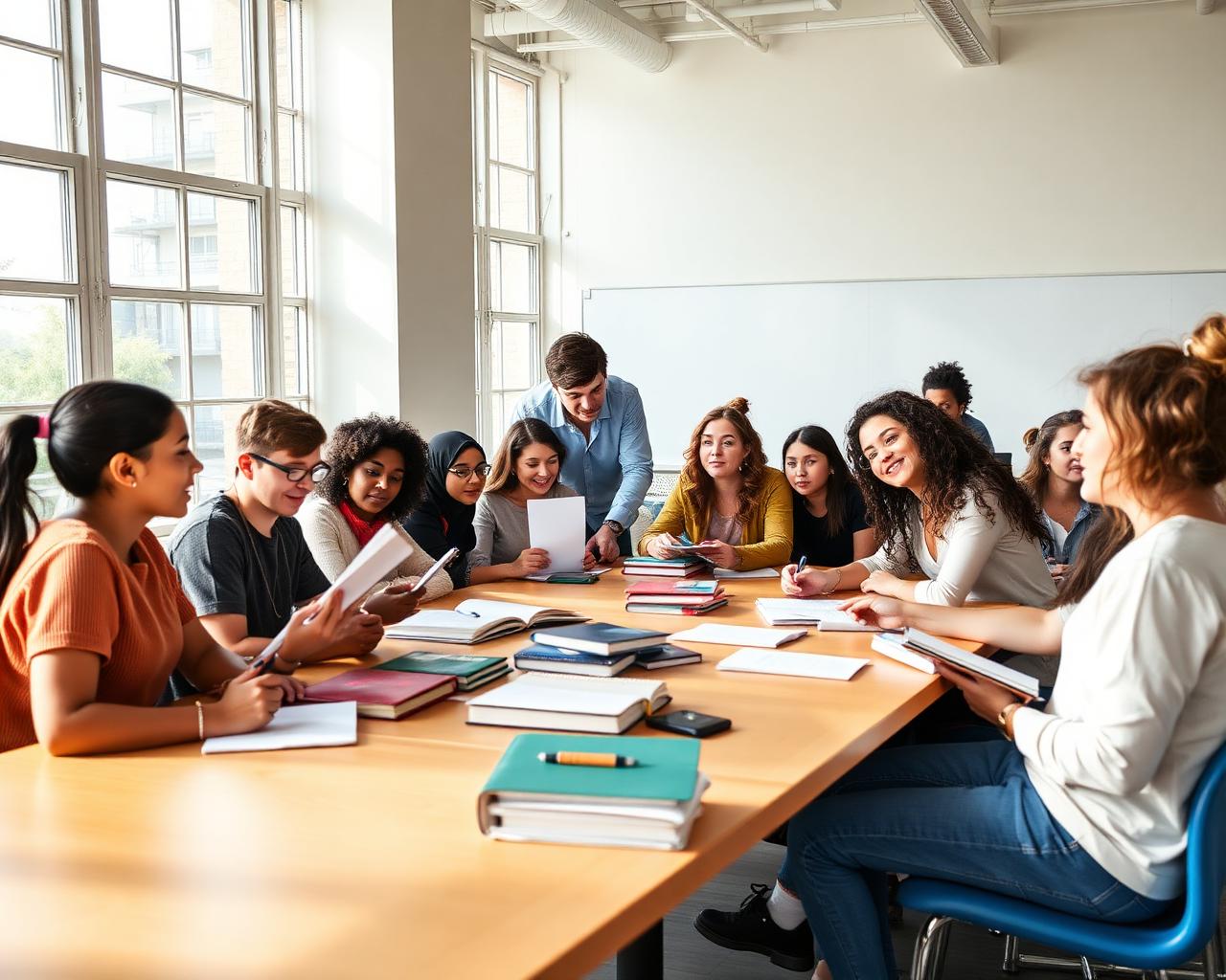 Estudantes de diferentes origens em oficina de escrita criativa
